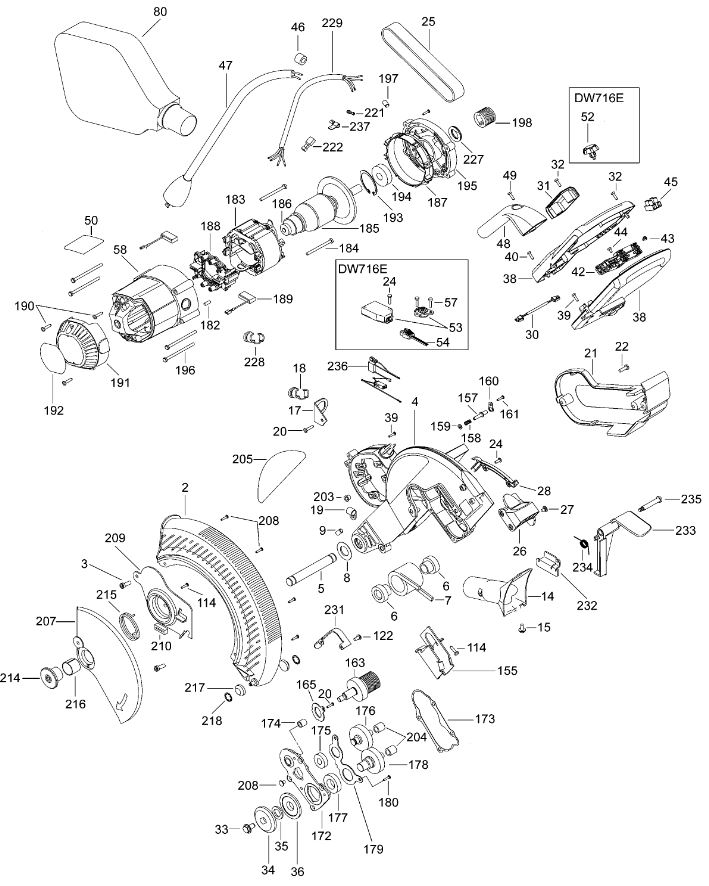 ЗАПЧАСТИ ДЛЯ ПИЛЫ ТОРЦОВОЧНОЙ ЭЛЕКТРИЧЕСКОЙ DEWALT DW716 TYPE 2 (МОТОР И КОРПУС)