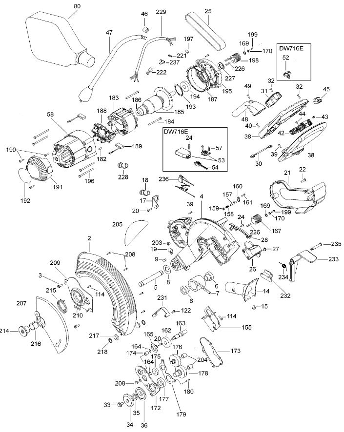 ЗАПЧАСТИ ДЛЯ ПИЛЫ ТОРЦОВОЧНОЙ ЭЛЕКТРИЧЕСКОЙ DEWALT DW716E TYPE 1 (МОТОР И КОРПУС)