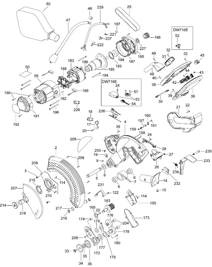 ЗАПЧАСТИ ДЛЯ ПИЛЫ ТОРЦОВОЧНОЙ ЭЛЕКТРИЧЕСКОЙ DEWALT DW716E TYPE 2 (МОТОР И КОРПУС)