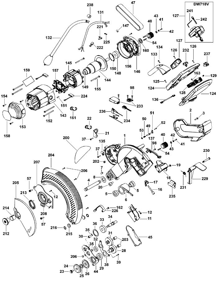 ЗАПЧАСТИ ДЛЯ ПИЛЫ ТОРЦОВОЧНОЙ ЭЛЕКТРИЧЕСКОЙ DEWALT DW718 TYPE 1 (МОТОР И КОРПУС)