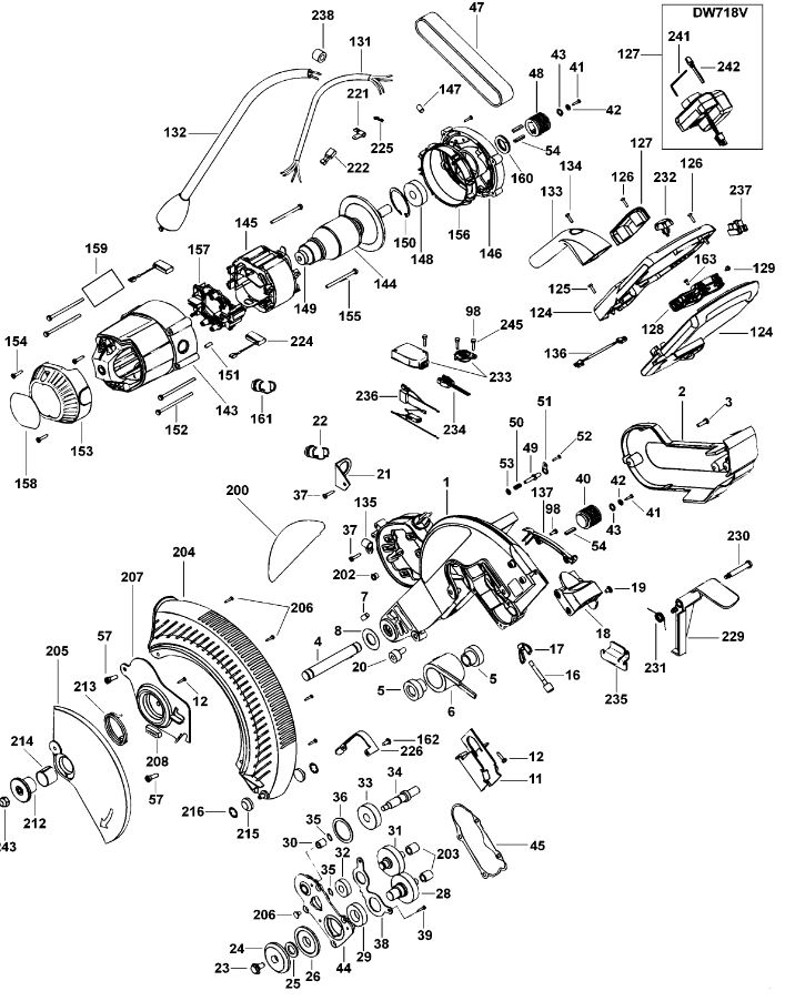 ЗАПЧАСТИ ДЛЯ ПИЛЫ ТОРЦОВОЧНОЙ ЭЛЕКТРИЧЕСКОЙ DEWALT DW718 TYPE 2 (МОТОР И КОРПУС)
