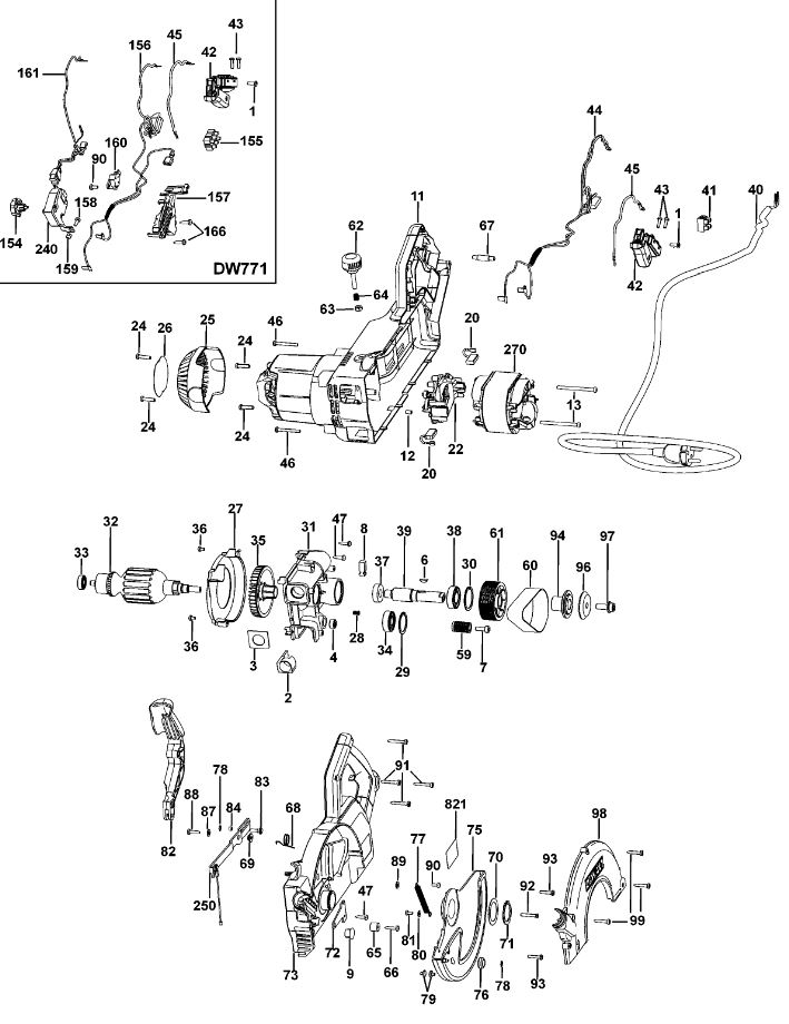 ЗАПЧАСТИ ДЛЯ ПИЛЫ ТОРЦОВОЧНОЙ ЭЛЕКТРИЧЕСКОЙ DEWALT DW770 TYPE 1 (МОТОР И КОРПУС)