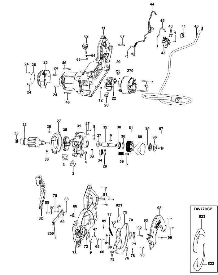 ЗАПЧАСТИ ДЛЯ ПИЛЫ ТОРЦОВОЧНОЙ ЭЛЕКТРИЧЕСКОЙ DEWALT DW770GP TYPE 2 (МОТОР И КОРПУС)