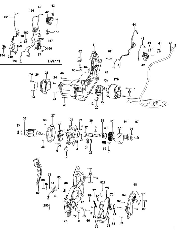 ЗАПЧАСТИ ДЛЯ ПИЛЫ ТОРЦОВОЧНОЙ ЭЛЕКТРИЧЕСКОЙ DEWALT DW771 TYPE 1 (МОТОР И КОРПУС)