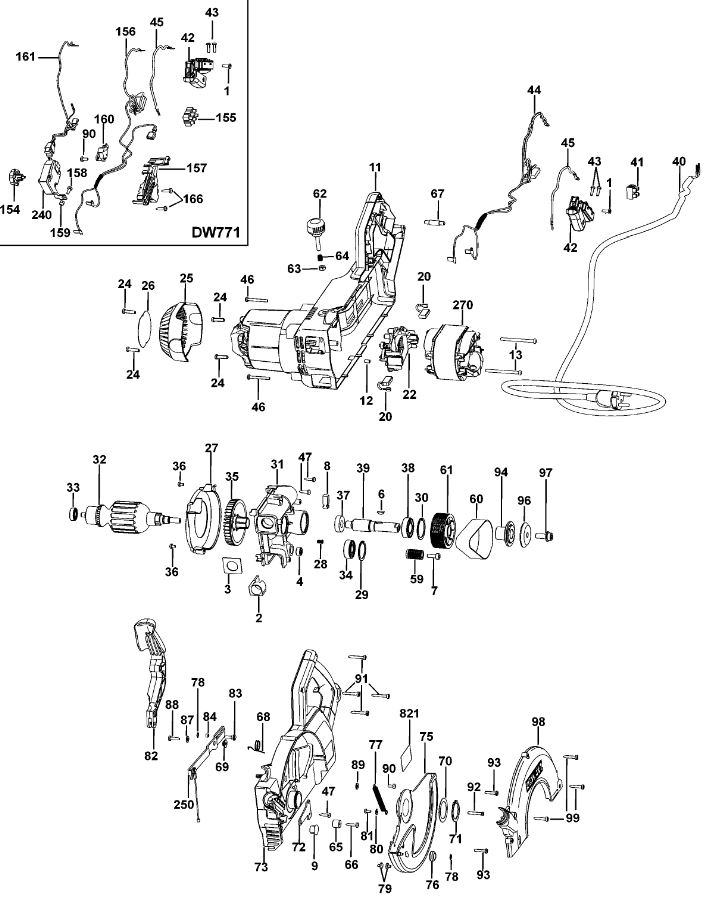 ЗАПЧАСТИ ДЛЯ ПИЛЫ ТОРЦОВОЧНОЙ ЭЛЕКТРИЧЕСКОЙ DEWALT DW771 TYPE 2 (МОТОР И КОРПУС)