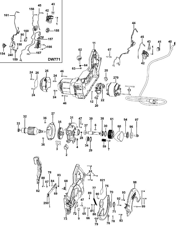 ЗАПЧАСТИ ДЛЯ ПИЛЫ ТОРЦОВОЧНОЙ ЭЛЕКТРИЧЕСКОЙ DEWALT DW777 TYPE 1 (МОТОР И КОРПУС)