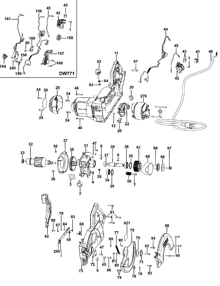 ЗАПЧАСТИ ДЛЯ ПИЛЫ ТОРЦОВОЧНОЙ ЭЛЕКТРИЧЕСКОЙ DEWALT DW777 TYPE 2 (МОТОР И КОРПУС)