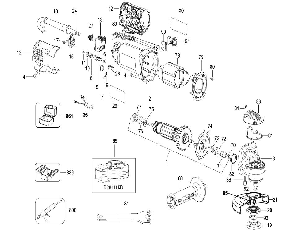 ЗАПЧАСТИ ДЛЯ МАШИНЫ ШЛИФОВАЛЬНОЙ УГЛОВОЙ ЭЛЕКТРИЧЕСКОЙ DEWALT D28111 TYPE 3