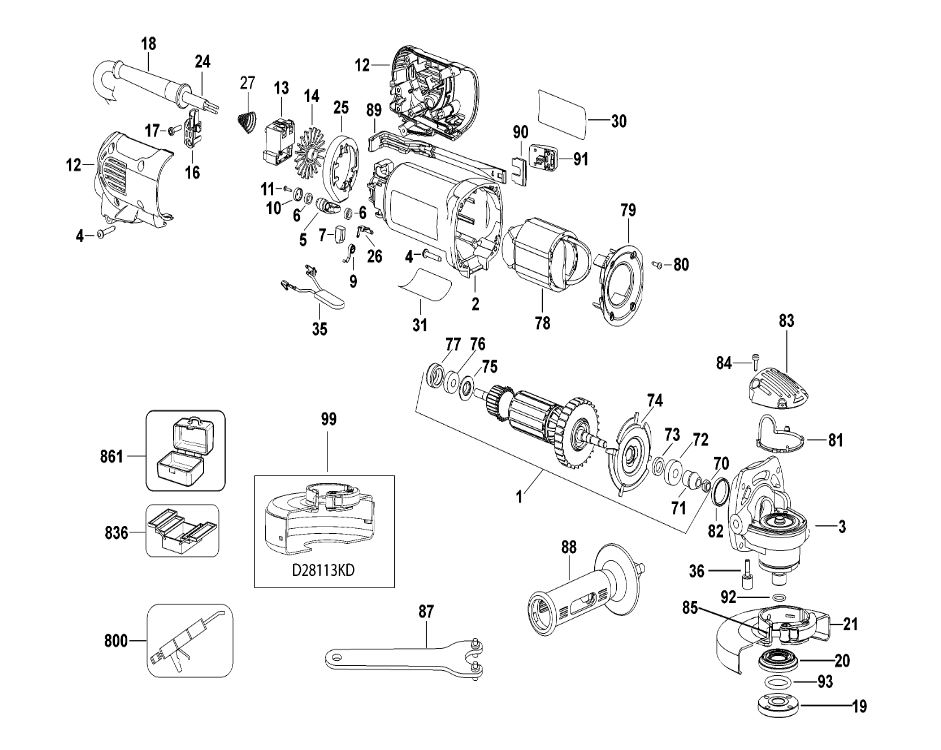 ЗАПЧАСТИ ДЛЯ МАШИНЫ ШЛИФОВАЛЬНОЙ УГЛОВОЙ ЭЛЕКТРИЧЕСКОЙ DEWALT D28113 TYPE 4