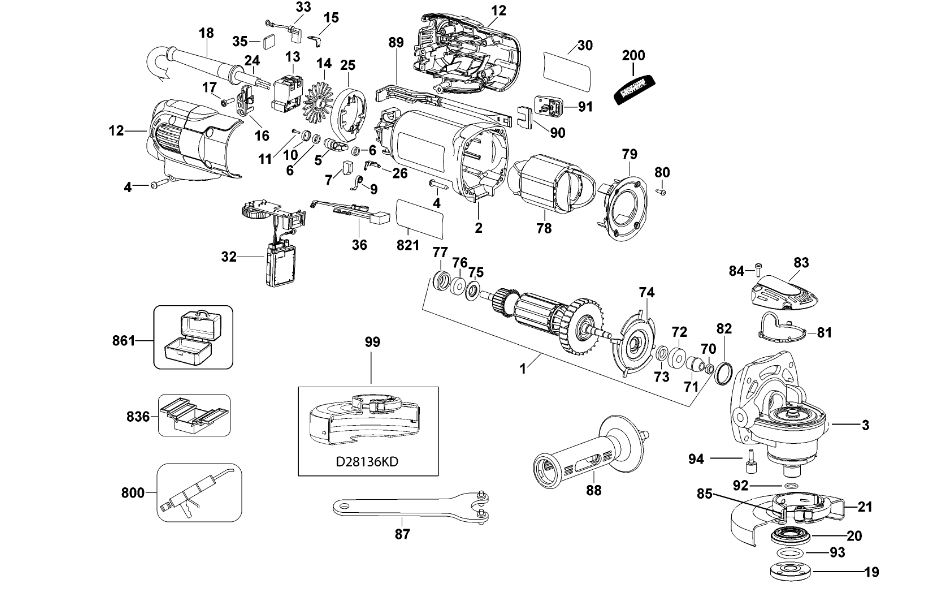 ЗАПЧАСТИ ДЛЯ МАШИНЫ ШЛИФОВАЛЬНОЙ УГЛОВОЙ ЭЛЕКТРИЧЕСКОЙ DEWALT D28136 TYPE 2