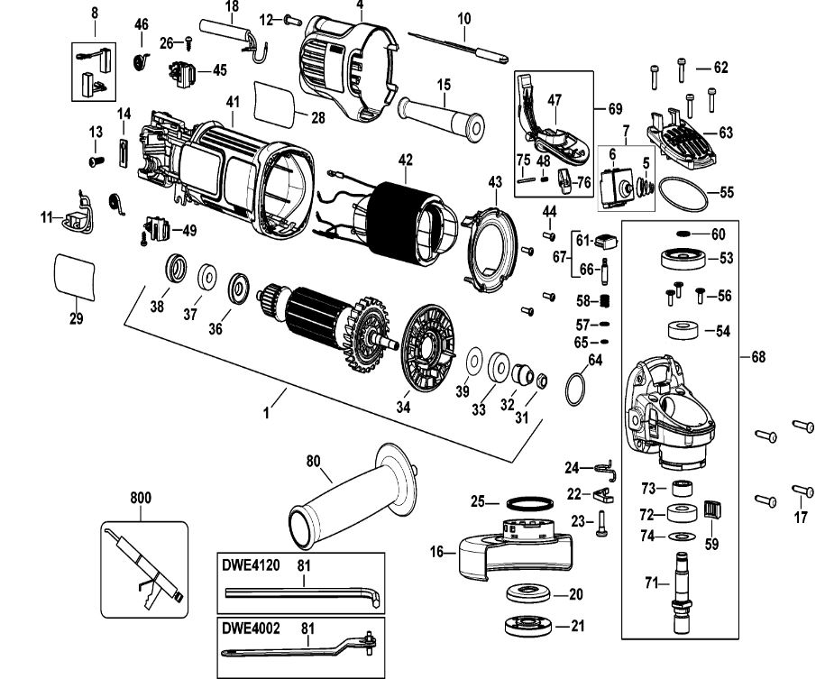 ЗАПЧАСТИ ДЛЯ МАШИНЫ ШЛИФОВАЛЬНОЙ УГЛОВОЙ ЭЛЕКТРИЧЕСКОЙ DEWALT DWE4120 TYPE 1