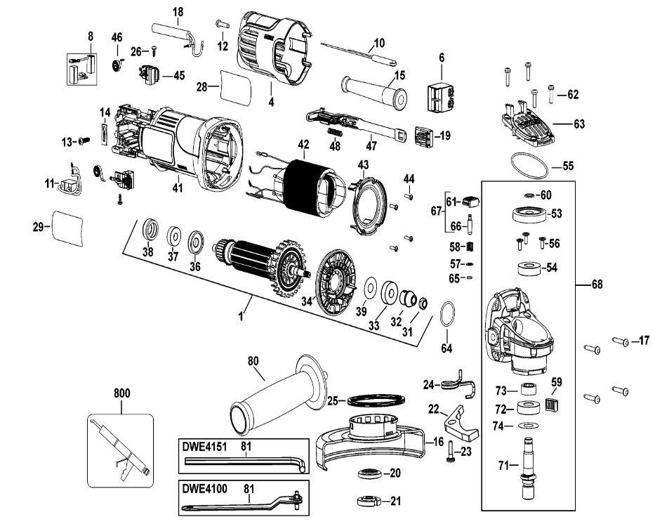 ЗАПЧАСТИ ДЛЯ МАШИНЫ ШЛИФОВАЛЬНОЙ УГЛОВОЙ ЭЛЕКТРИЧЕСКОЙ DEWALT DWE4151 TYPE 1