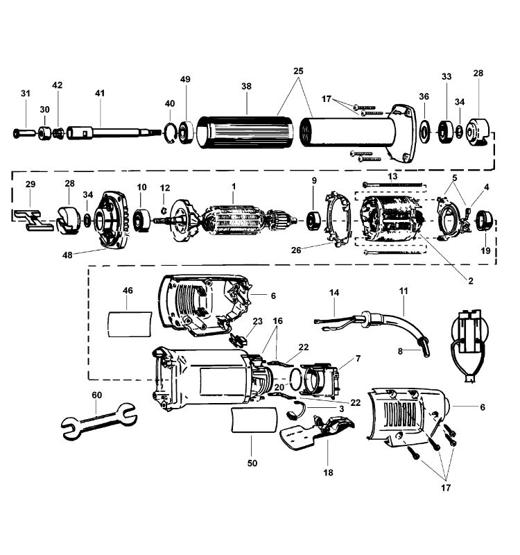 ЗАПЧАСТИ ДЛЯ МАШИНЫ ПРЯМОШЛИФОВАЛЬНОЙ ЭЛЕКТРИЧЕСКОЙ DEWALT DW887 TYPE 2