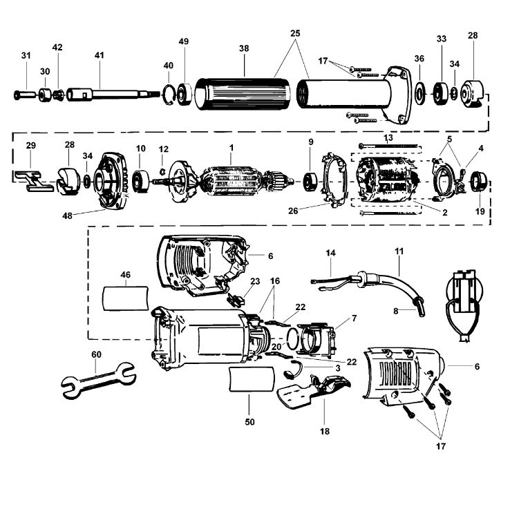 ЗАПЧАСТИ ДЛЯ МАШИНЫ ПРЯМОШЛИФОВАЛЬНОЙ ЭЛЕКТРИЧЕСКОЙ DEWALT DW887 TYPE 3