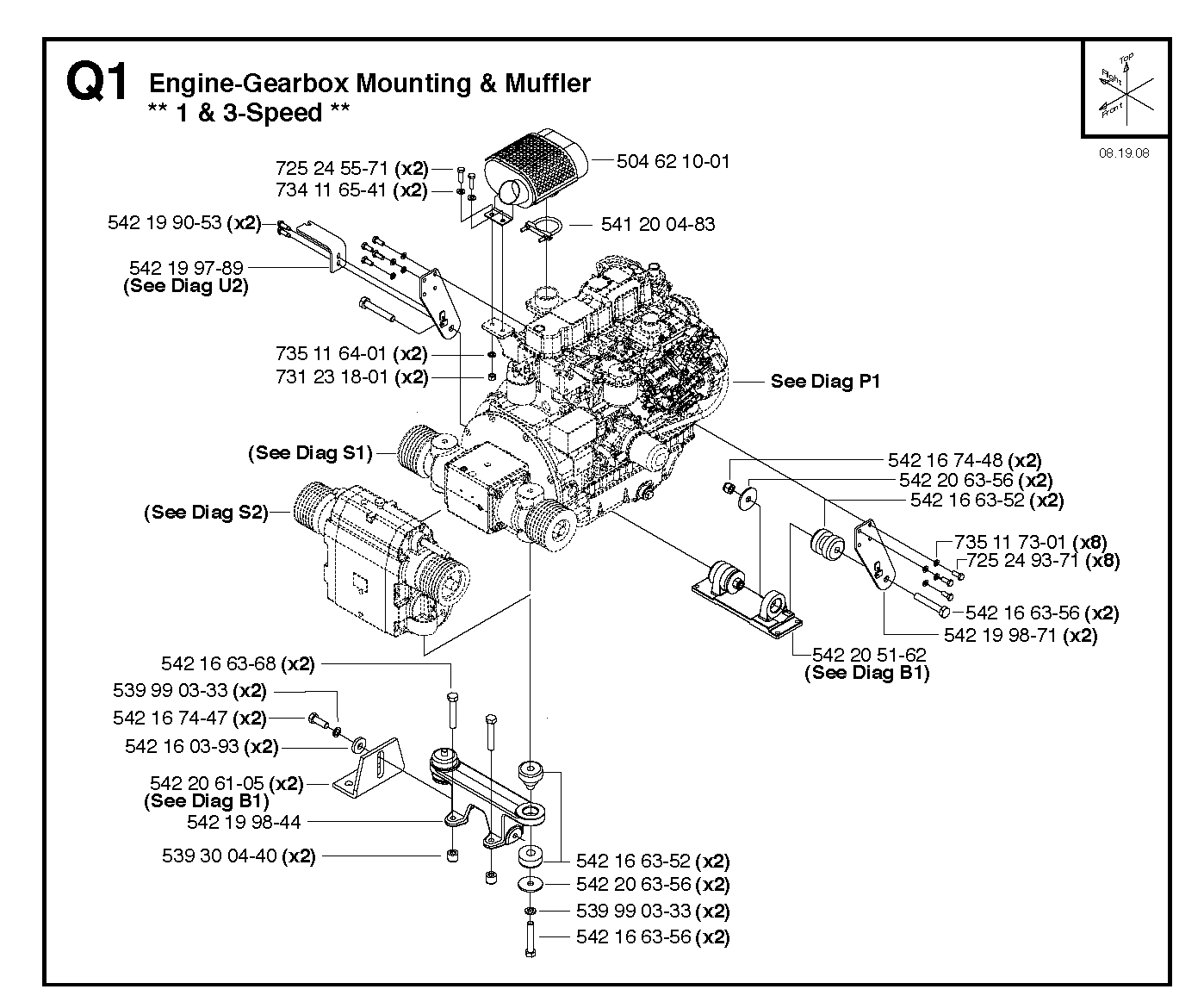 ENGINE-GEARBOX MOUNTING & MUFFLER, 1 & 3-SPEED