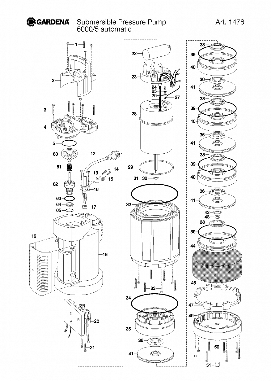 Насос Gardena SUBMERSIBLE PRESSURE PUMP 6000/5 AUTOMATIC, Art. 1476-20, Ser.Nr. starting with "D", 2012-08 