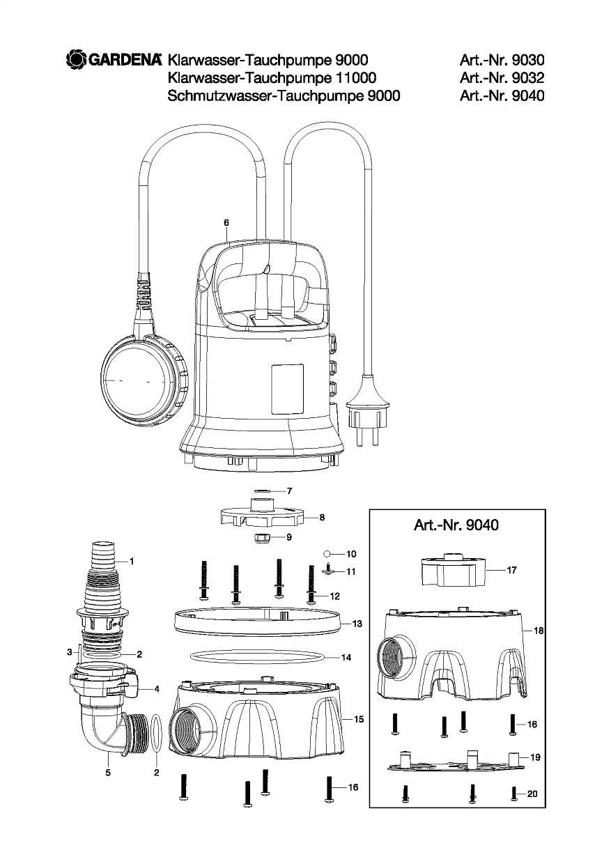 1|  9000 I Насос Gardena 9040-20 | GARDENA ЗАПЧАСТИ |