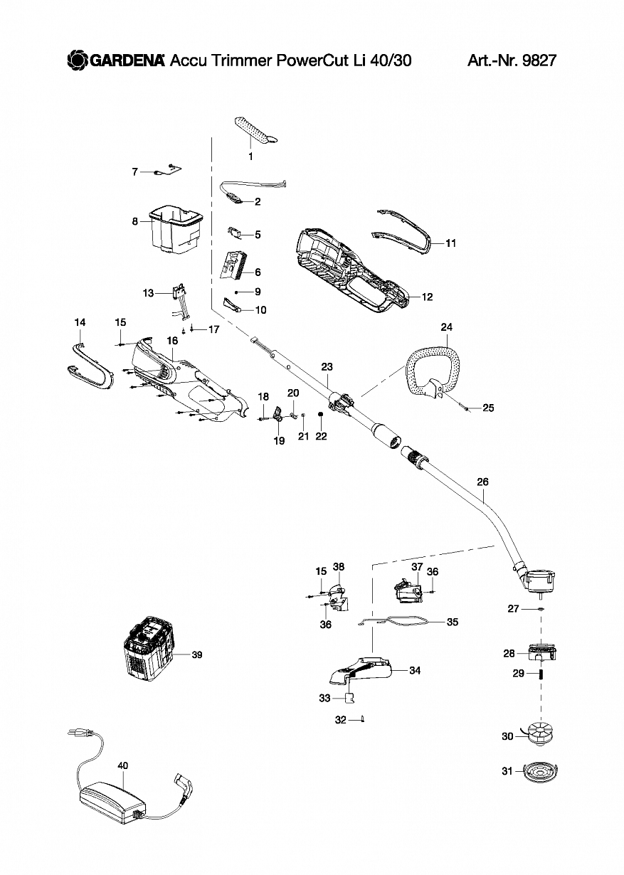 1 ГОЛОВКА, АККУМУЛЯТОР, ЗАРЯДНОЕ Триммер Gardena ACCU-TRIMMER POWERCUT LI-40-30, 9827,  