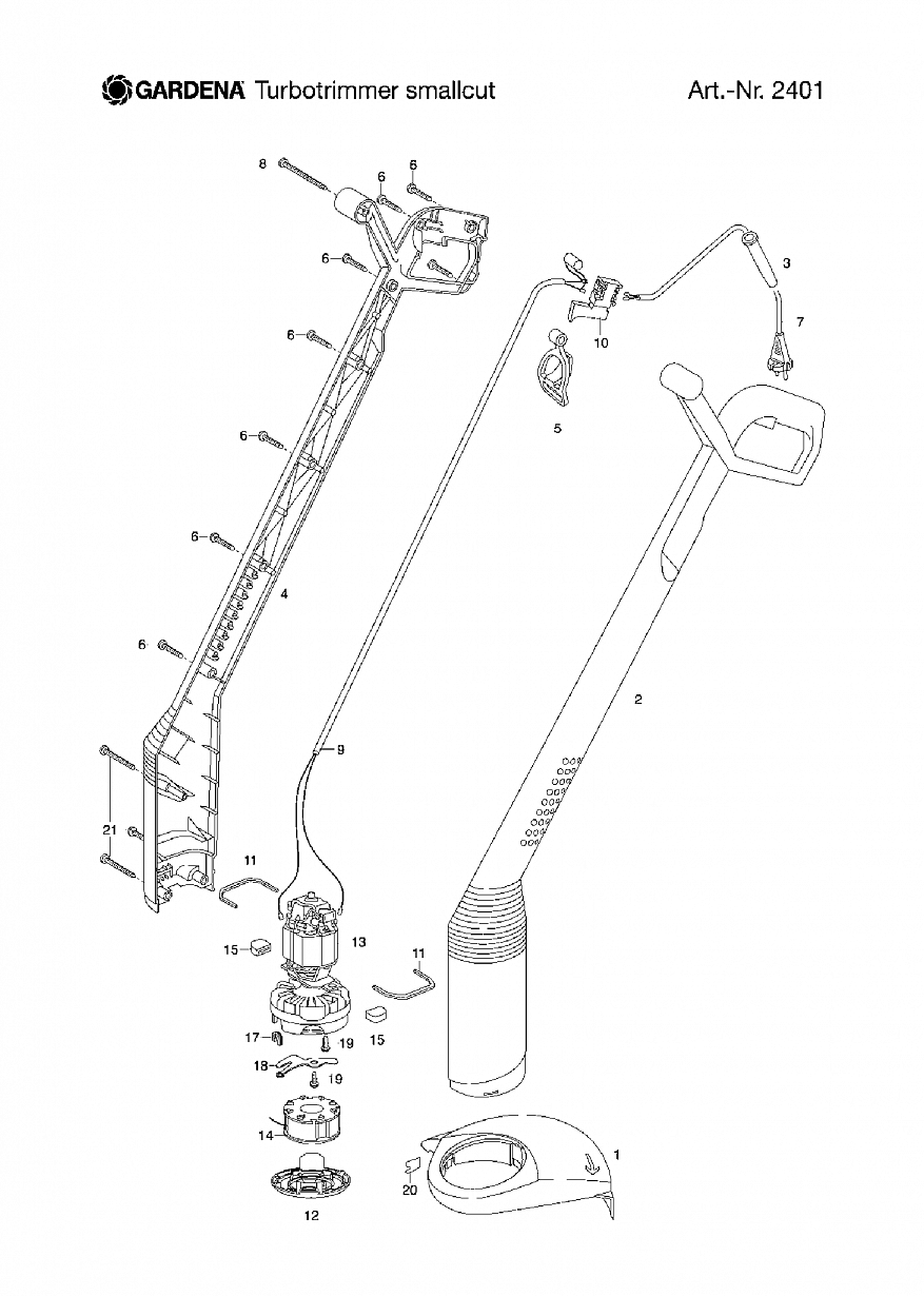 1 ДВИГАТЕЛЬ, ГОЛОВКА, КОЖУХ Триммер Gardena TURBOTRIMMER SMALLCUT, Art. 2401-20, до 2008 года 
