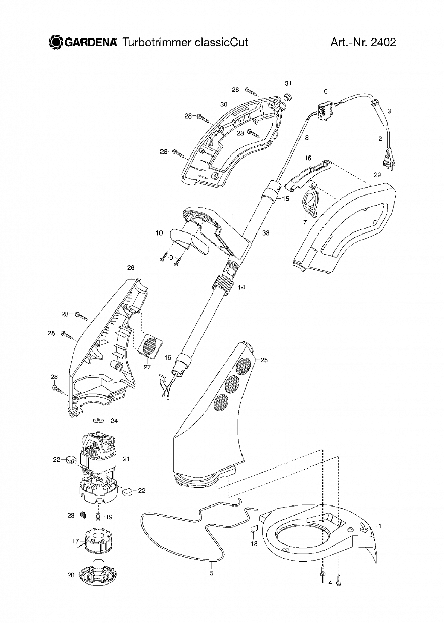 1 ДВИГАТЕЛЬ, ГОЛОВКА, КОЖУХ Триммер Gardena  TURBOTRIMMER CLASSICCUT, Art. 2402-20,  