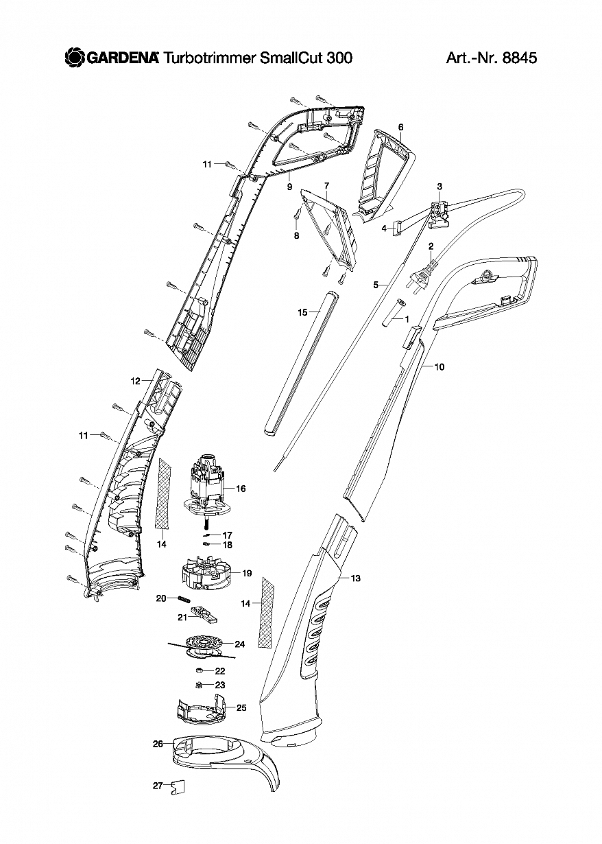 1 ДВИГАТЕЛЬ, ГОЛОВКА, КОЖУХ Триммер Gardena TURBOTRIMMER SMALLCUT 300, Art. 8845-20 