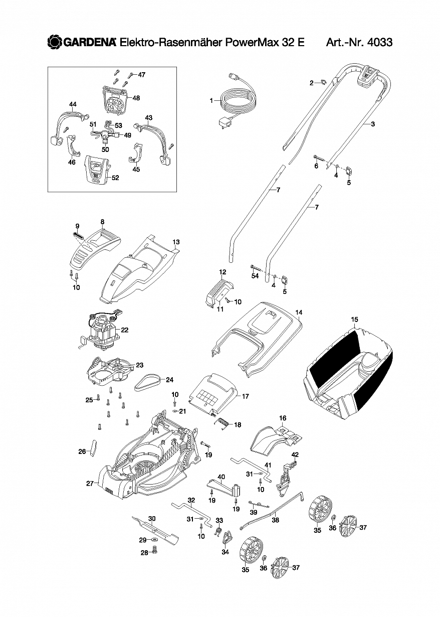 1 НОЖ, КОЛЕСА, АДАПТЕР, ДВИГАТЕЛЬ Газонокосилка Gardena POWER MAX 32 E, Art. 4033-20