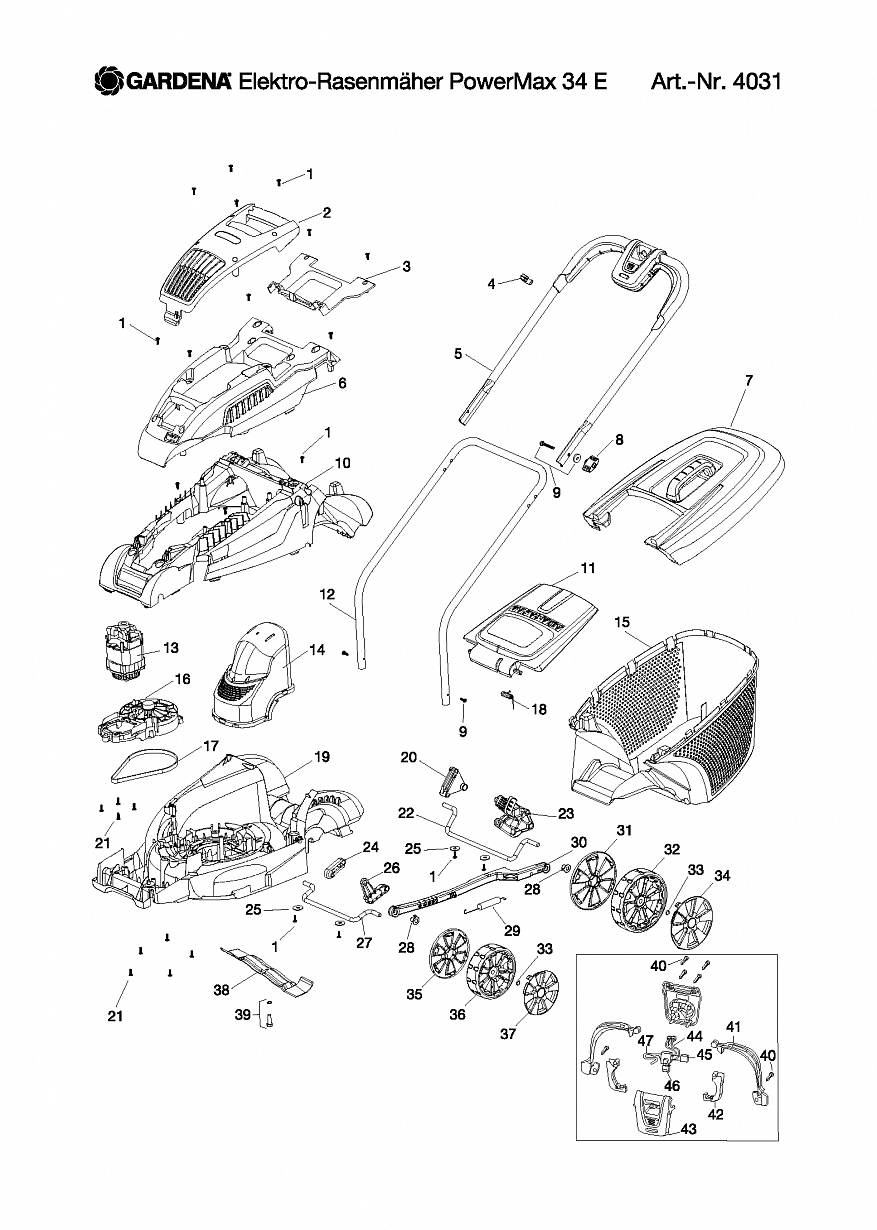 1 НОЖ, КОЛЕСА, АДАПТЕР, ДВИГАТЕЛЬ Газонокосилка Gardena POWER MAX 34 E 4031-20