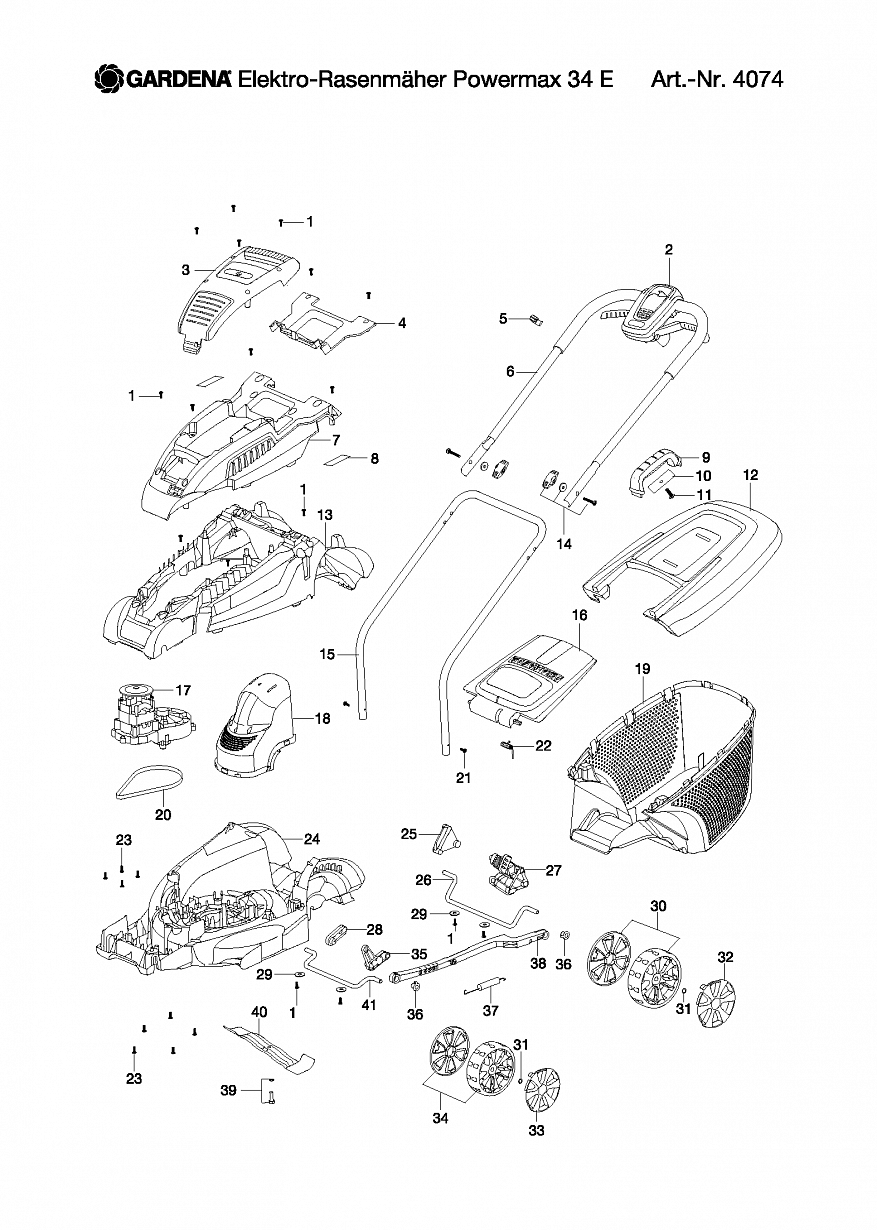 1 НОЖ, КОЛЕСА, АДАПТЕР, ДВИГАТЕЛЬ Газонокосилка Gardena POWER MAX 34 E 967249401, 967249422, 4074-20, 4074-22