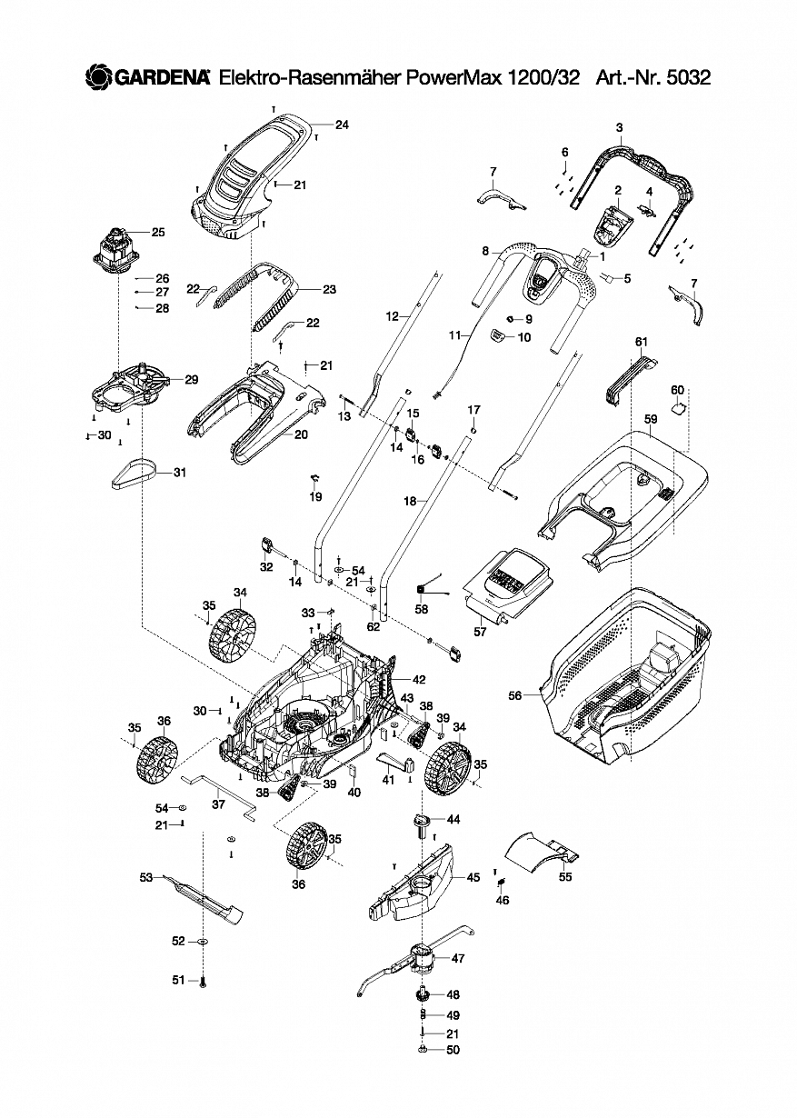1 НОЖ, КОЛЕСА, АДАПТЕР, ДВИГАТЕЛЬ Газонокосилка Gardena POWERMAX 1200-32 5032