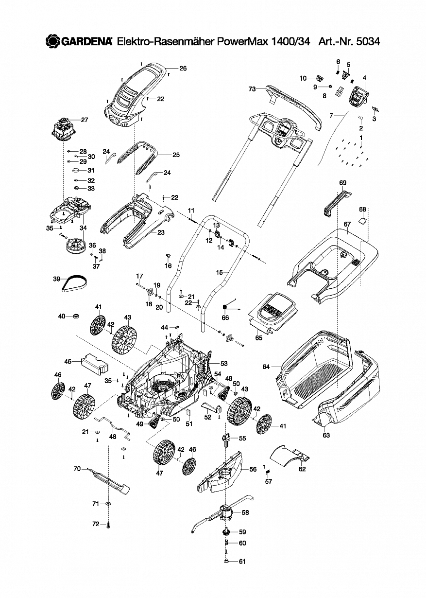 1 НОЖ, КОЛЕСА, АДАПТЕР, ДВИГАТЕЛЬ Газонокосилка Gardena POWERMAX 1400-34 5034