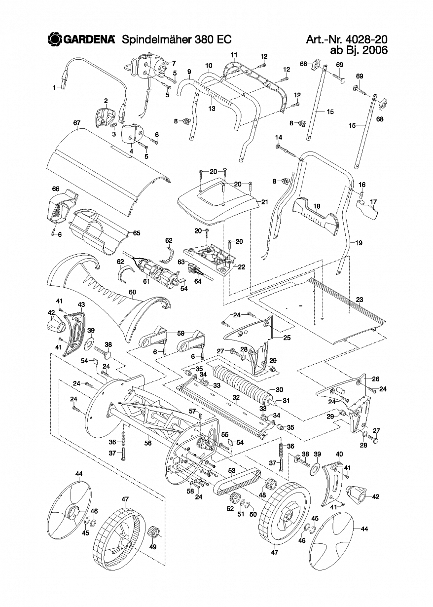 1 НОЖ, КОЛЕСА, РУЧКИ, ЭЛЕКТРОДВИГАТЕЛЬ Газонокосилка Gardena ELECTRIC CYLINDER LAWN MOWER 380 EC, Art. 4028-20, после 2006 года 