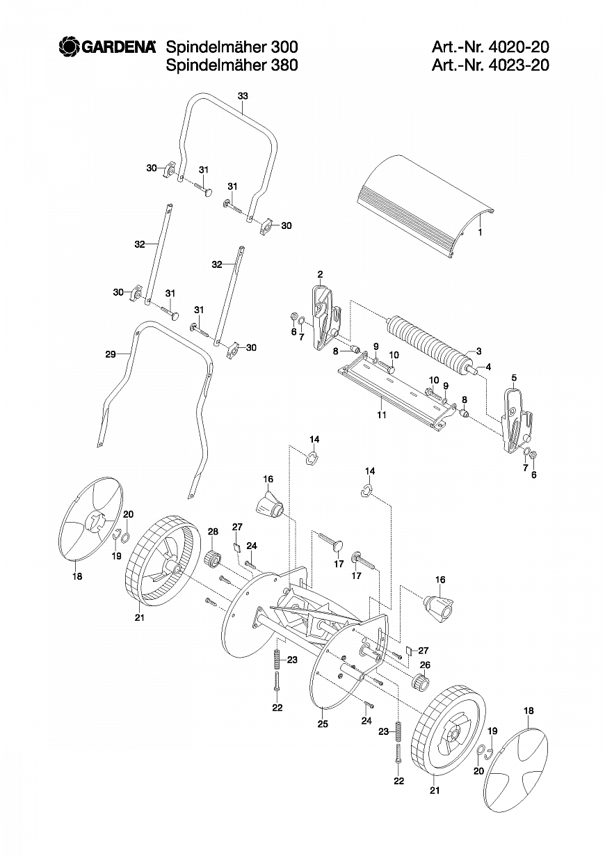 1 НОЖ, КОЛЕСА, РУЧКИ Газонокосилка Gardena CYLINDER LAWNMOWER 380, 4023, до 2014 года 