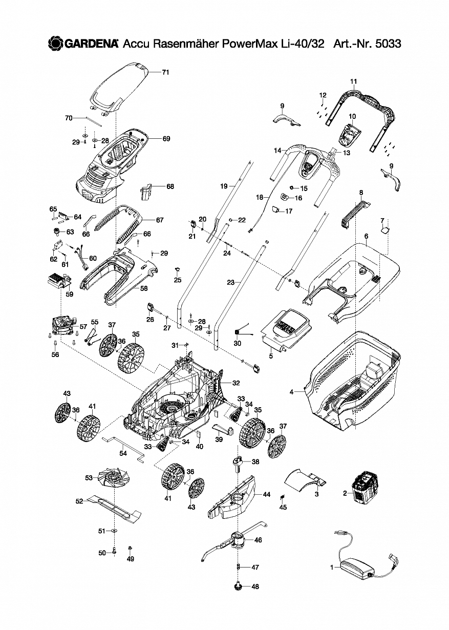 1 ДВИГАТЕЛЬ, НОЖ, АККУМУЛЯТОР, ЗАРЯДНОЕ Газонокосилка Gardena ACCU LAWNMOWER POWERMAX LI 40-32, 5033,  