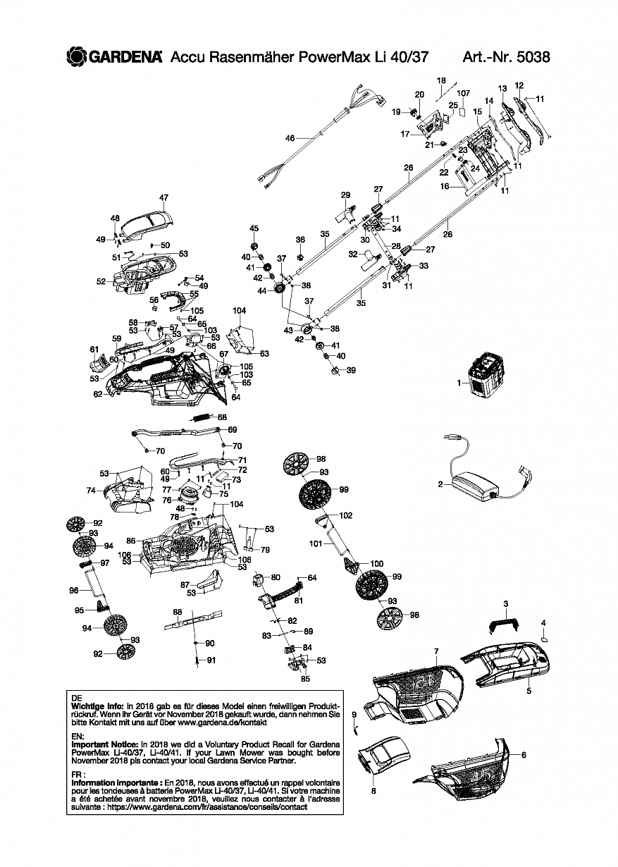 1 ДВИГАТЕЛЬ, НОЖ, АККУМУЛЯТОР, ЗАРЯДНОЕ Газонокосилка Gardena ACCU LAWNMOWER POWERMAX LI-40-37, 5038,  