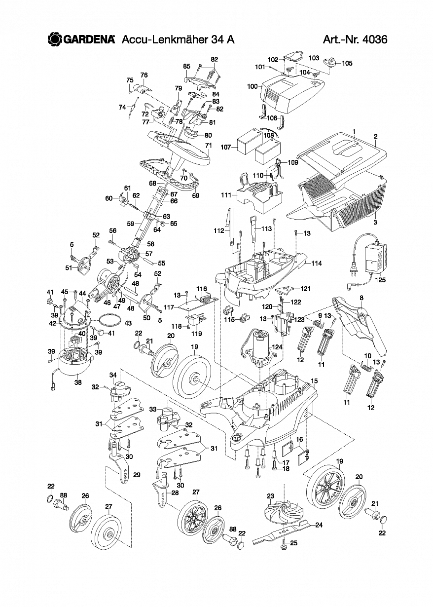 1 ДВИГАТЕЛЬ, НОЖ, АККУМУЛЯТОР, ЗАРЯДНОЕ Газонокосилка Gardena ACCU STEERABLE MOWER 34 A, Art. 4036-20,  