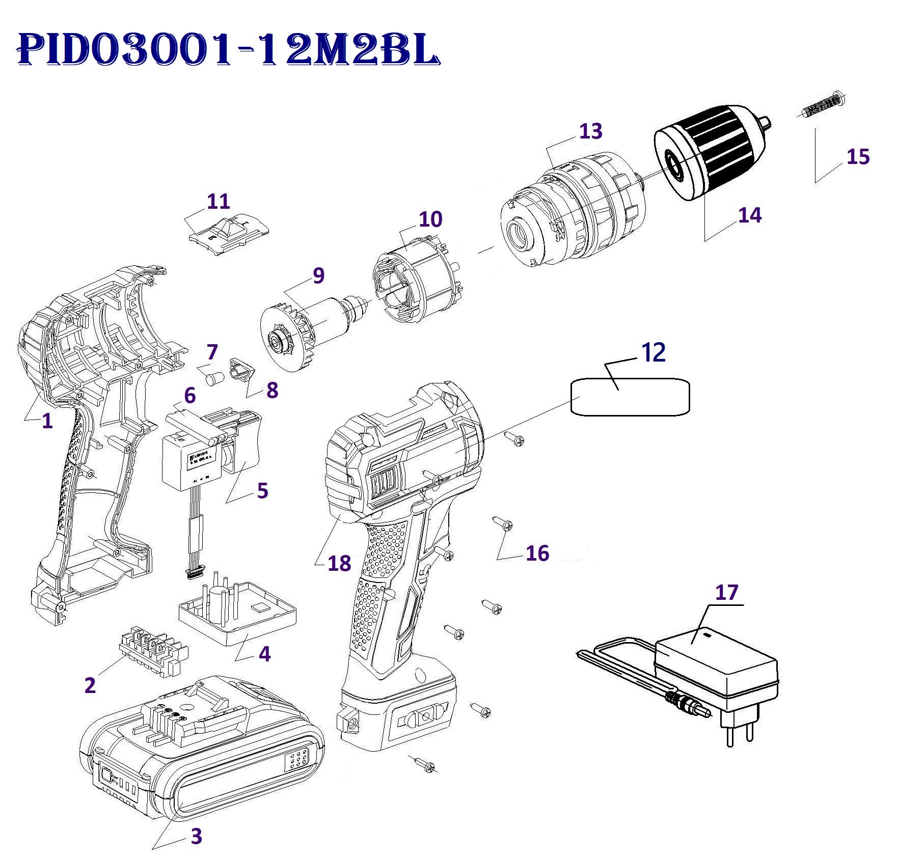 Шуруповерт  бесщеточный PID03001-12M2/BL