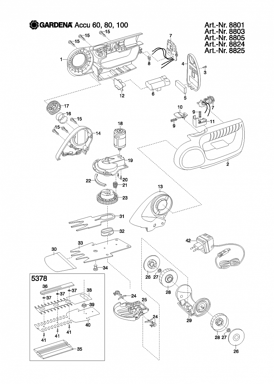 1 НОЖ, АККУМУЛЯТОР, ЗАРЯДНОЕ Ножницы Gardena Accu Shrub Shear Set Accu 100, Art. 8826, 2011-02  