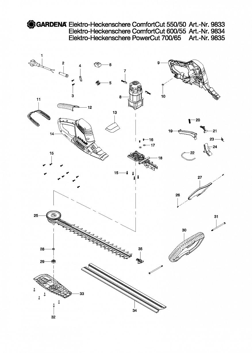 1 ДВИГАТЕЛЬ, НОЖИ, ВЫКЛЮЧАТЕЛЬ Ножницы Gardena  ELECTRIC HEDGE TRIMMER COMFORTCUT 550-50, 9833,  