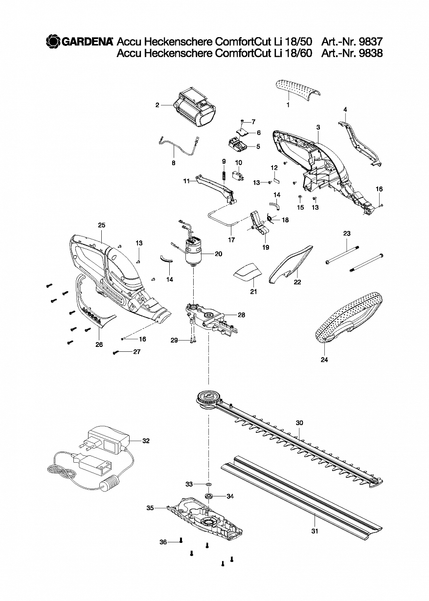1 ДВИГАТЕЛЬ, НОЖИ, АККУМУЛЯТОР, ЗАРЯДНОЕ Ножницы Gardena ACCU HEDGE TRIMMER COMFORTCUT LI-18-50, 9837, 