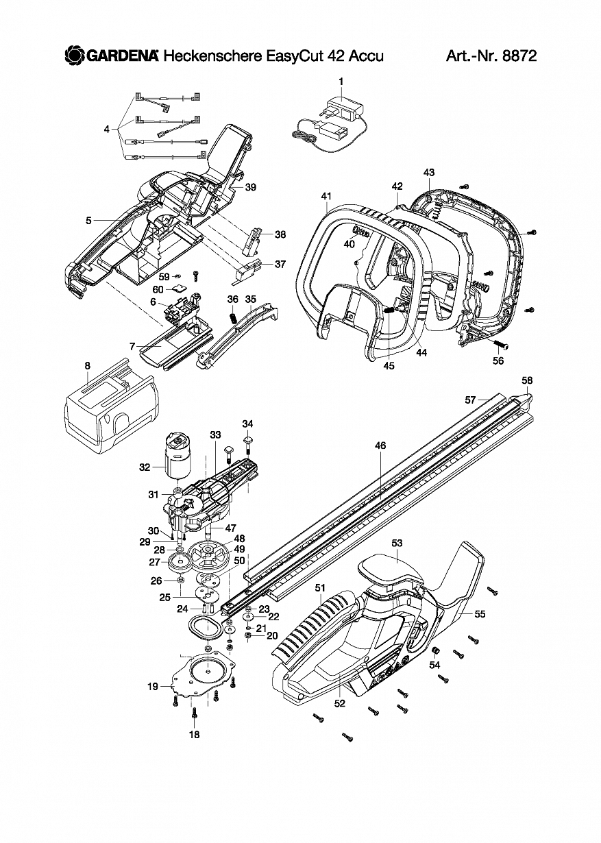 1 ДВИГАТЕЛЬ, НОЖИ, АККУМУЛЯТОР, ЗАРЯДНОЕ Ножницы Gardena HEDGE TRIMMER EASYCUT 42 ACCU, Art. 8872-20  