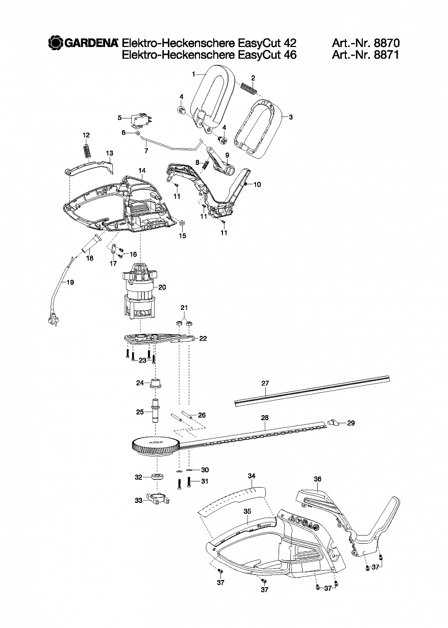 1 ДВИГАТЕЛЬ, НОЖИ, ВЫКЛЮЧАТЕЛЬ Ножницы Gardena ELECTRIC HEDGE TRIMMER EASYCUT 42, 8870, until 2015  