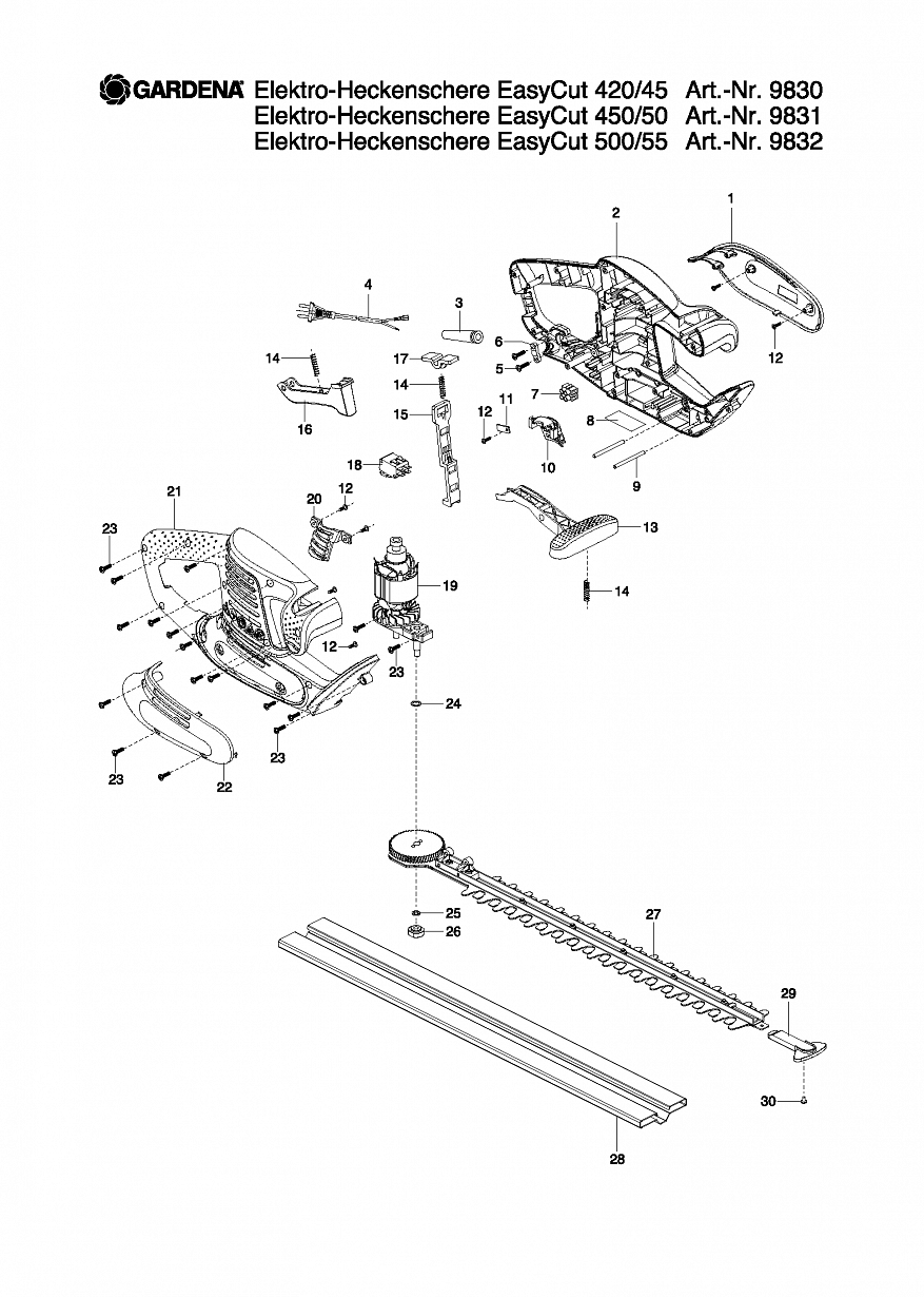 1 ДВИГАТЕЛЬ, НОЖИ, ВЫКЛЮЧАТЕЛЬ Ножницы Gardena ELECTRIC HEDGE TRIMMER EASYCUT 45050, 9831,  