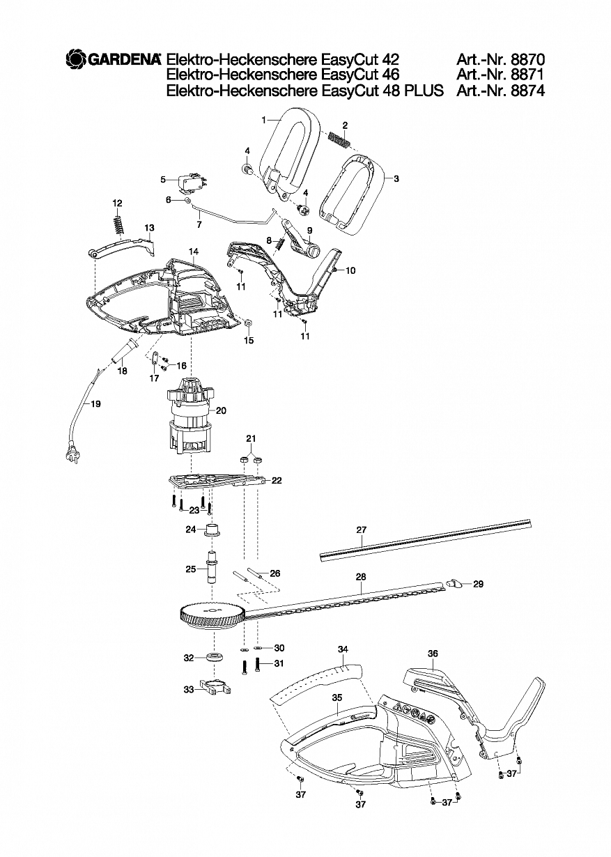 1 ДВИГАТЕЛЬ, НОЖИ, ВЫКЛЮЧАТЕЛЬ Ножницы Gardena ELECTRIC HEDGE TRIMMER EASYCUT 48 PLUS, 8874, until 2016  