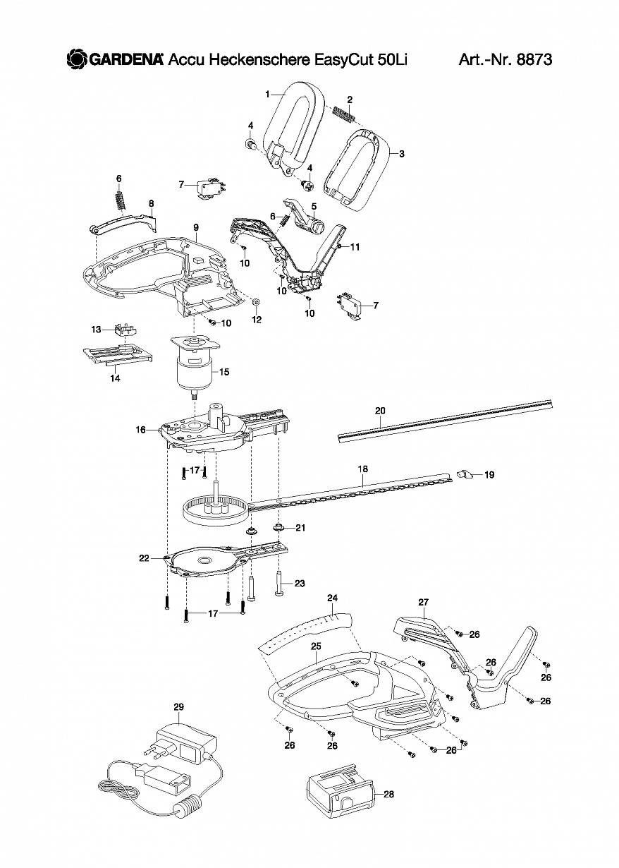 1 ДВИГАТЕЛЬ, НОЖИ, АККУМУЛЯТОР, ЗАРЯДНОЕ Ножницы Gardena ACCU HEDGE TRIMMER EASYCUT 50-Li, Art. 8873-20 