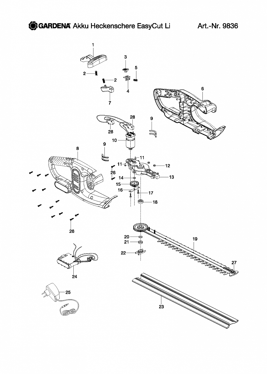 1 ДВИГАТЕЛЬ, НОЖИ, АККУМУЛЯТОР, ЗАРЯДНОЕ Ножницы Gardena ACCU HEDGE TRIMMER EASYCUT LI, 9836,  