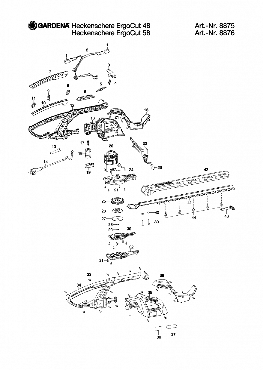1 ДВИГАТЕЛЬ, НОЖИ, ВЫКЛЮЧАТЕЛЬ Ножницы Gardena ELECTRIC HEDGE TRIMMER ERGOCUT 48, Art. 8875-20,  