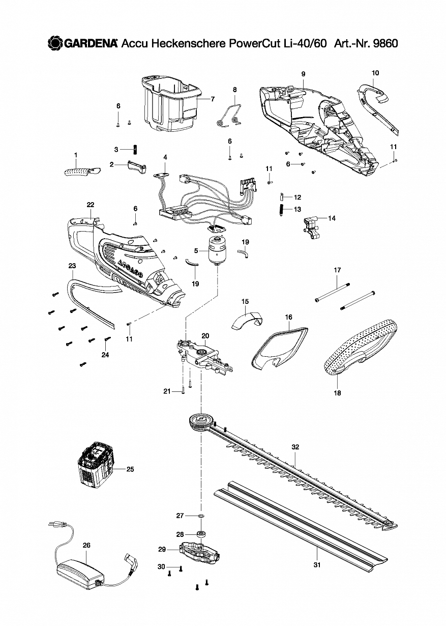1 ДВИГАТЕЛЬ, НОЖИ, АККУМУЛЯТОР, ЗАРЯДНОЕ Ножницы Gardena ACCU HEDGE TRIMMER POWERCUT LI-40-60, 9860,  