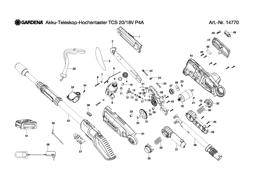 1|  Akku-Teleskop-Hochentaster TCS 20/18V P4A solo |Art.-Nr. 14770-55 |  | GARDENA ЗАПЧАСТИ |