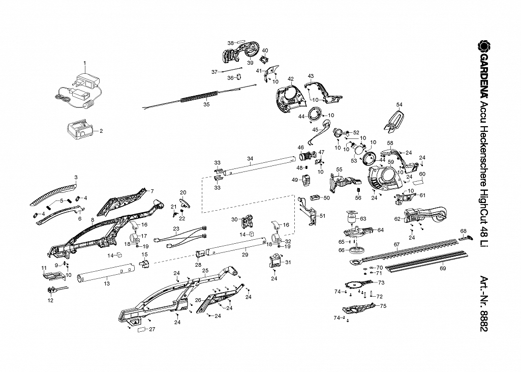 1 ДВИГАТЕЛЬ, НОЖИ, АККУМУЛЯТОР, ЗАРЯДНОЕ Ножницы Gardena ACCU HEDGE TRIMMER HIGHCUT 48-Li, Art. 8882-20,  