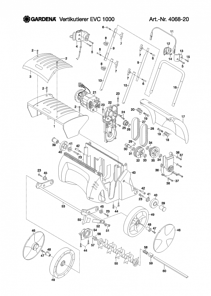 1 РУЧКИ, ШЕСТЕРНИ, ТРОС Аэратор - Скарификатор Gardena ELECTRIC LAWN AERATOR EVC 1000, Art. 4068-20,  